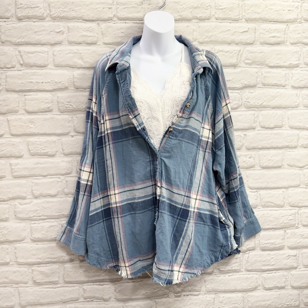 Lucky Brand Blue Plaid Boho Tunic Top Shirt Women XL Oversized Distressed Fringe